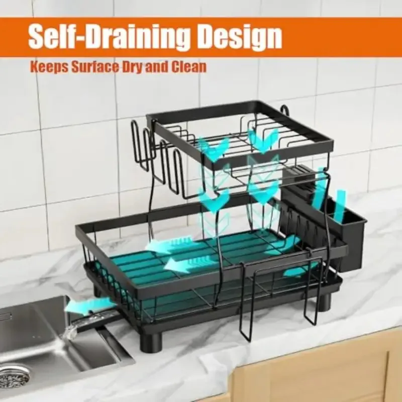 2-Tier Large Capacity Dish Drying Rack with Drainboard, Heavy-Duty Black Kitchen Organizer with Utensil & Cup Holders