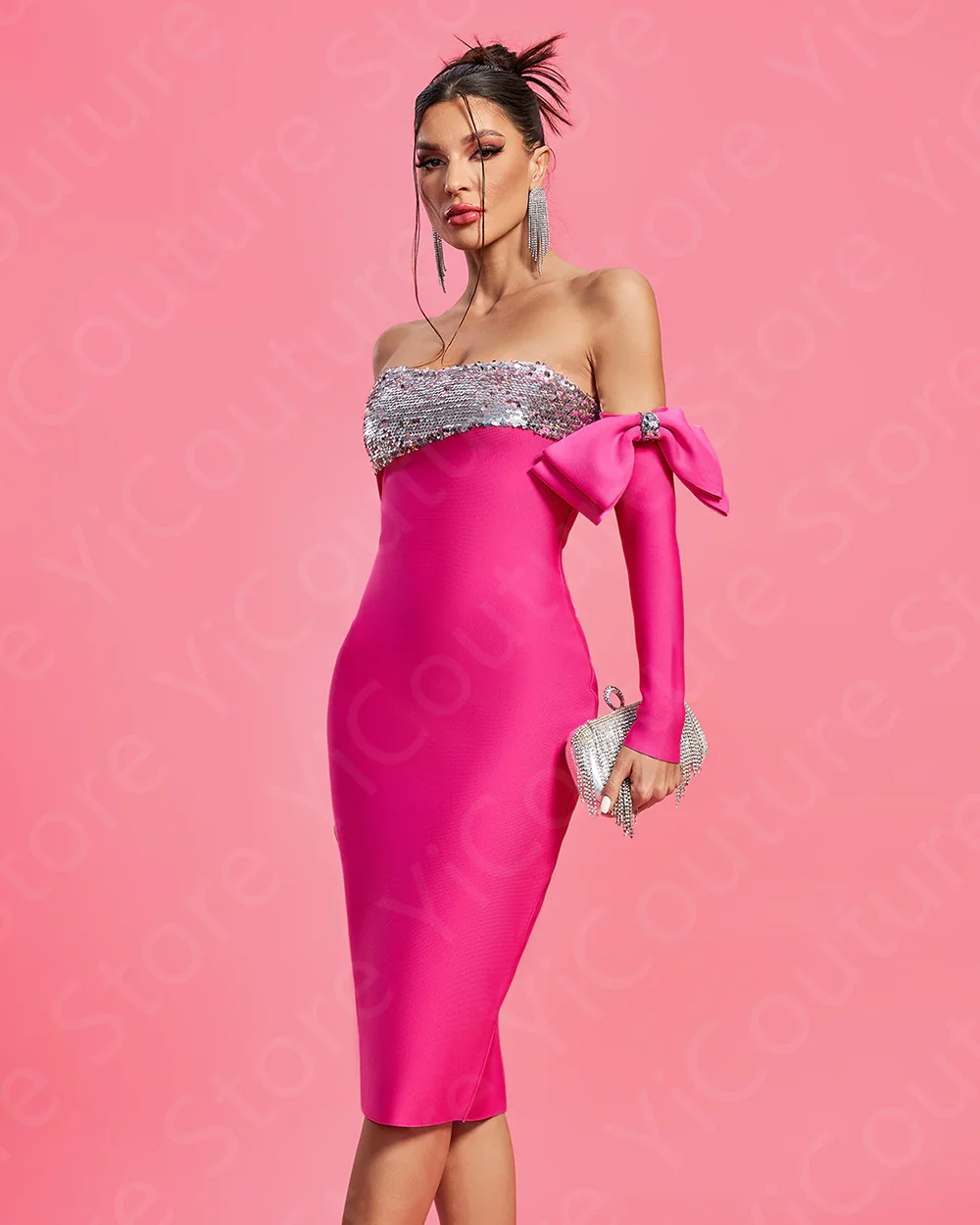 Customized Latest Hot Pink Cocktail Party Dresses Mid Calf Length Homecoming Gowns Off Shoulder Sleeve Pageant Dresses Sequined