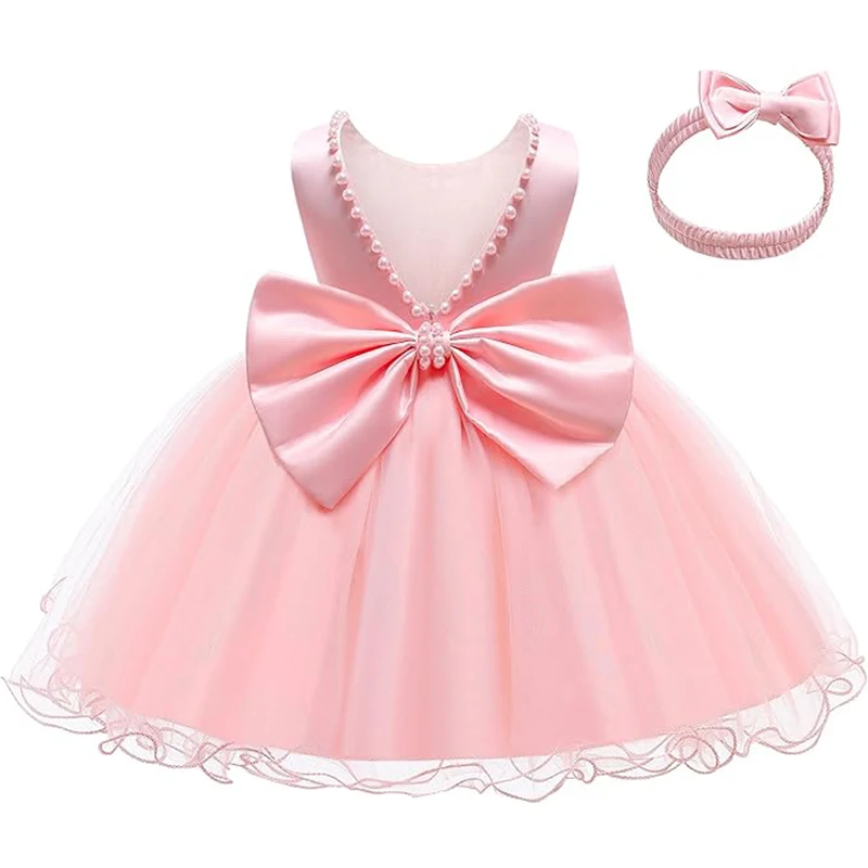 

Baby Dresses Girls 1st Birthday Party Backless Elegant Big Bow Wedding Bridesmaid Tutu Gown Girls White Christening Dress