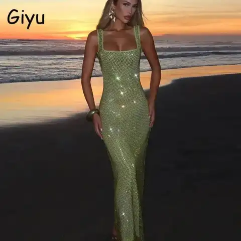 Giyu Sexy Sequined Mesh Diamond Club Evening Party Dresses Women 2025 Summer Autumn Sleeveless Backless Bodycon Maxi Long Dress