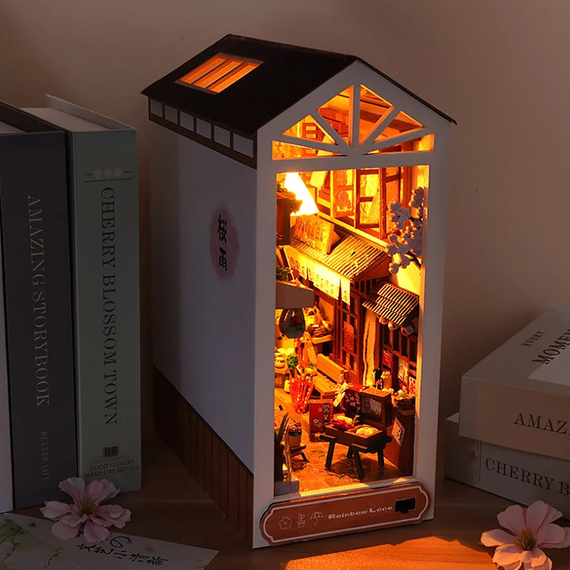 DIY Book Nook Kit Shelf Insert Miniature Doll houses 3D Puzzle Wooden Bookshelf Room Dollhouse Bookend With LED Light Toys Gifts