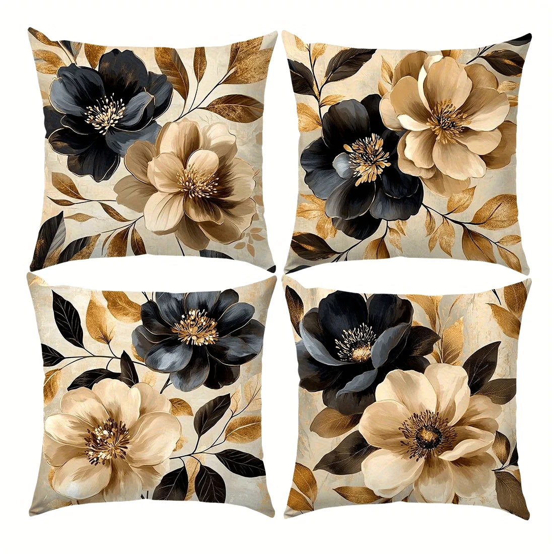 

4 Pcs Luxe Beige & Gold Floral Decorative Pillow Covers – Modern Elegant Cushion Covers for Sofa Bed Chair & Home Decor