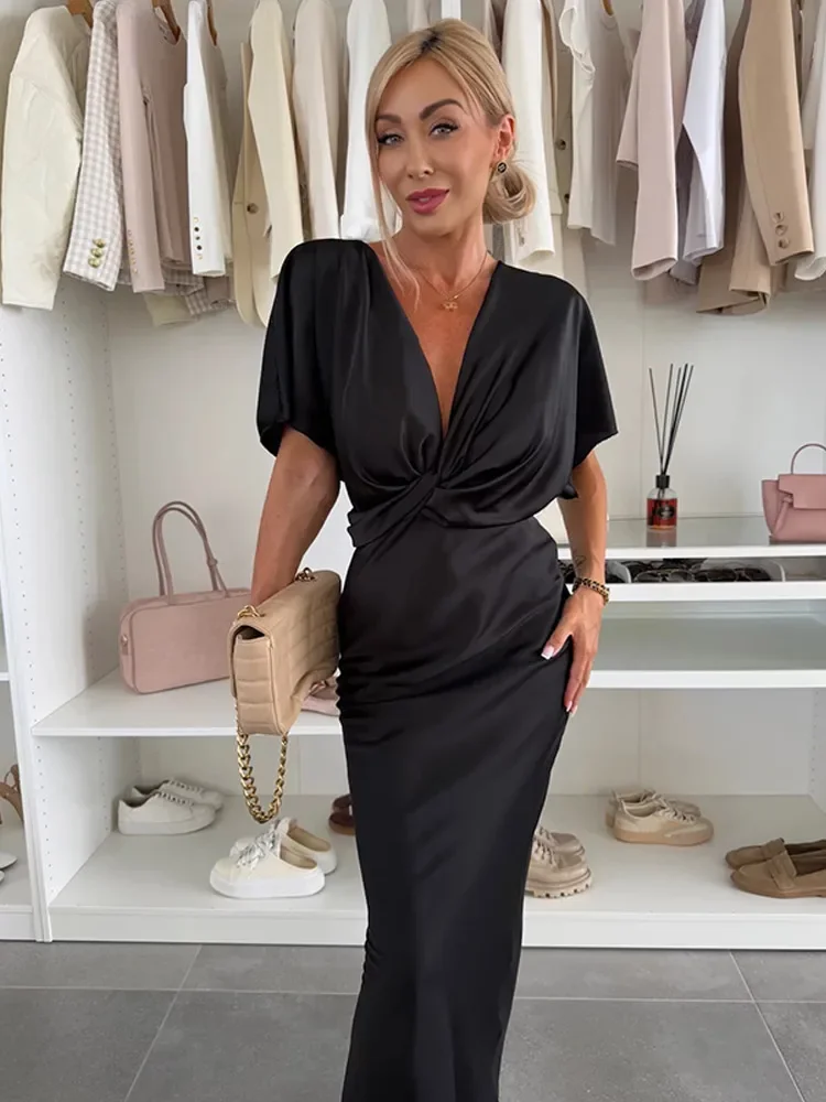 أنيقة الساتان الخامس الرقبة قصيرة الأكمام ماكسي فساتين النساء الصلبة عالية الخصر Bodycon فستان طويل سيدة شيك حفلة الشارع فيستدوس #3