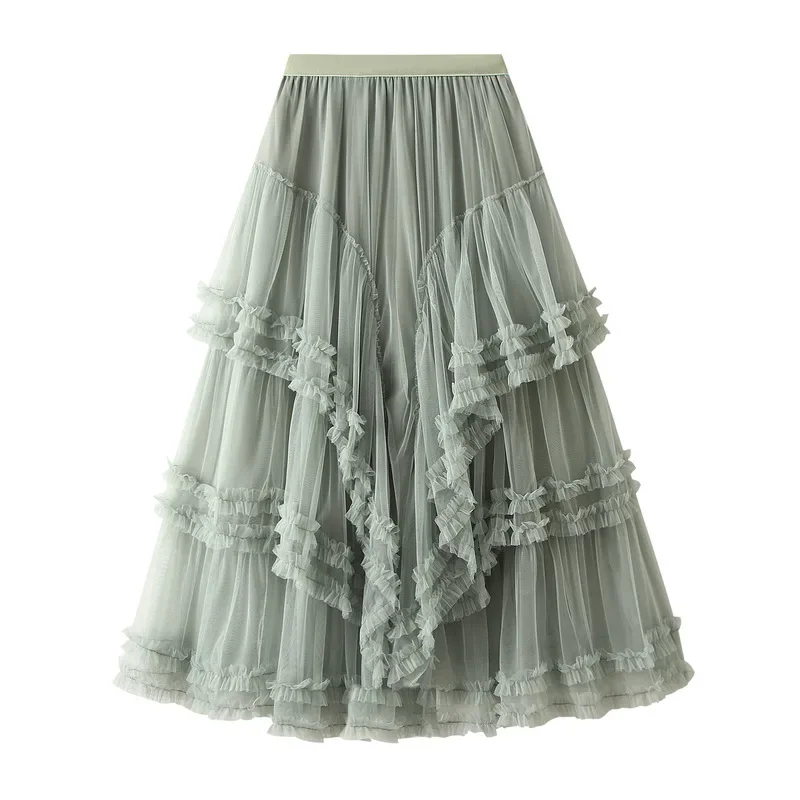 

Fashionable Tiered Tulle Maxi Skirt Women 2024 New Korean Elegant High Street A Line High Waist Mesh Long Skirt Female Z392