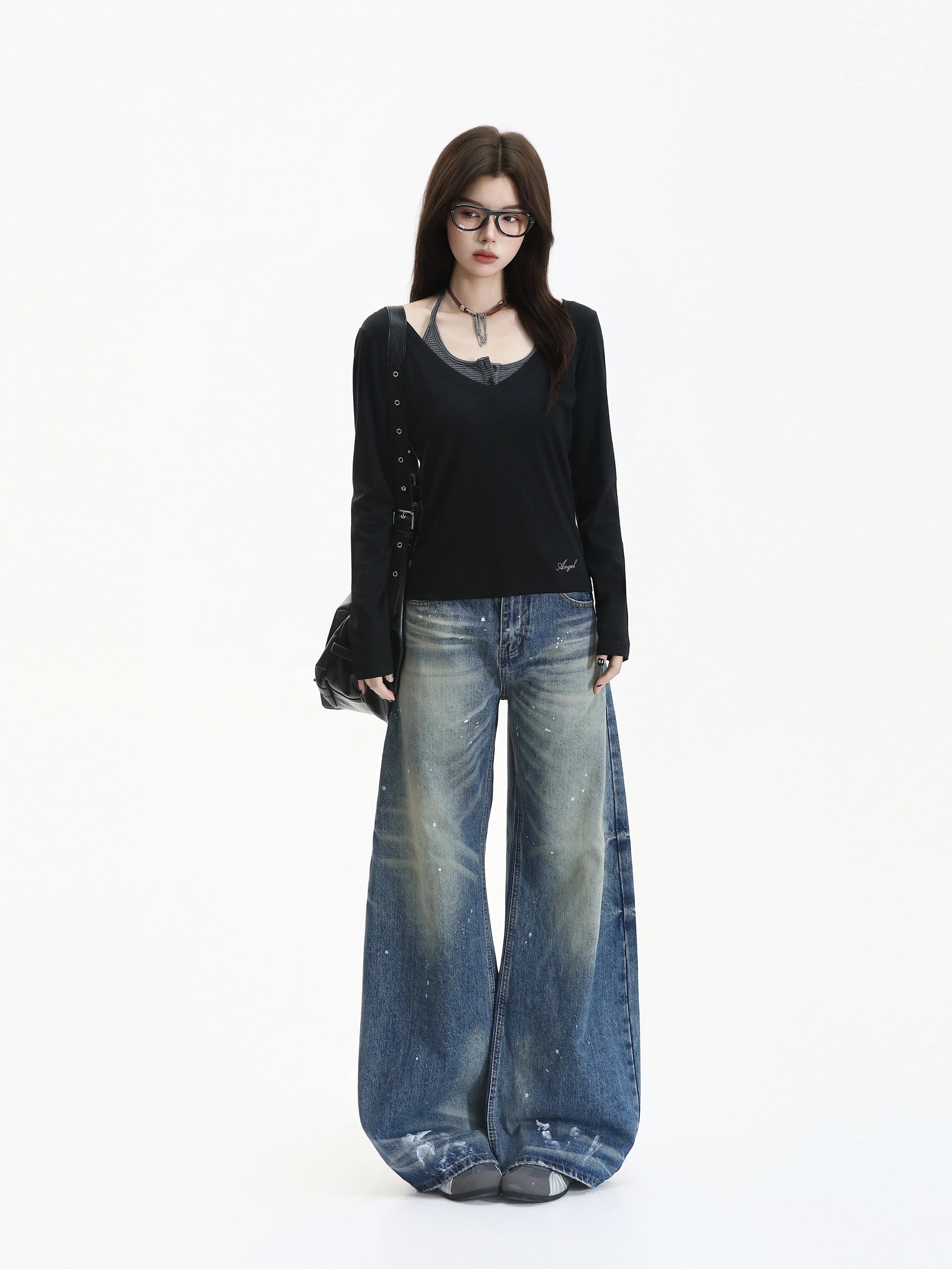 American Style Long Sleeve Slim Fit T-Shirt Color Block Two Piece Set Pure Desire Hanging Neck Strap Top for Young Women