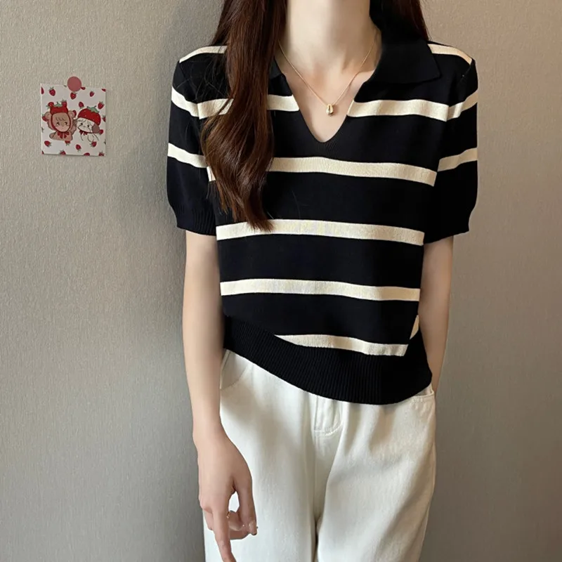 

Summer Korean Sle Striped V-Ne Ice Silk T-irt Women's plus Size Casual Thin ort Sve Knitted Top Commute Faion