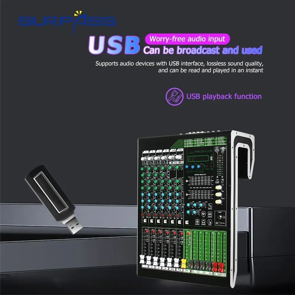 8 channels mixer audio interface sound mixer Professional power play48V Phantom Power Built-in BluetoothUSB PC PlayRecord Guitar