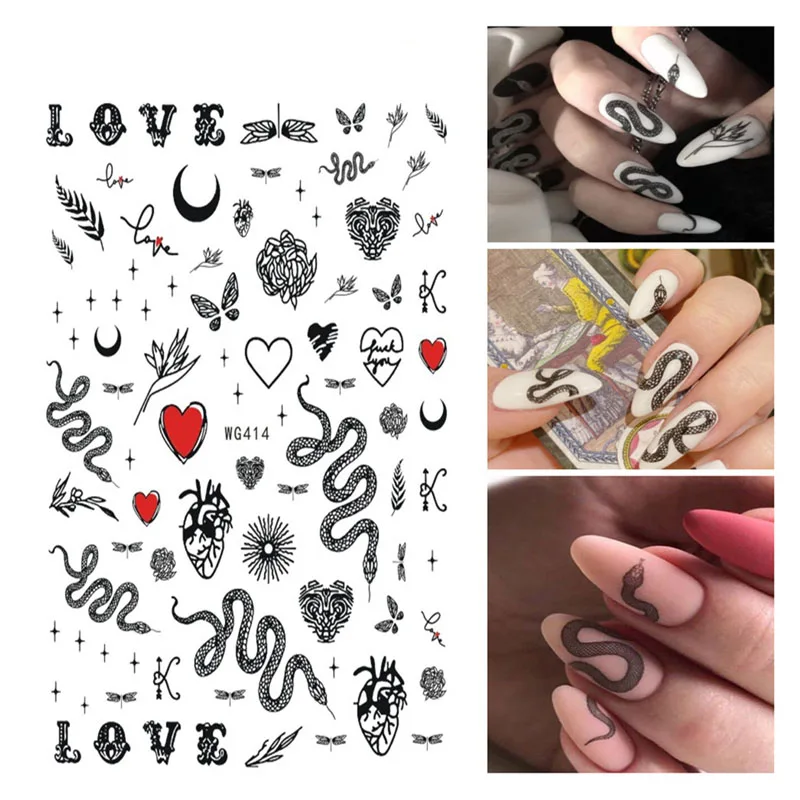 ​Snake Moon Star Nail Stickers 3D Black White Totem Design Manicure Adhesive Gel Nail Art Decals Accessories