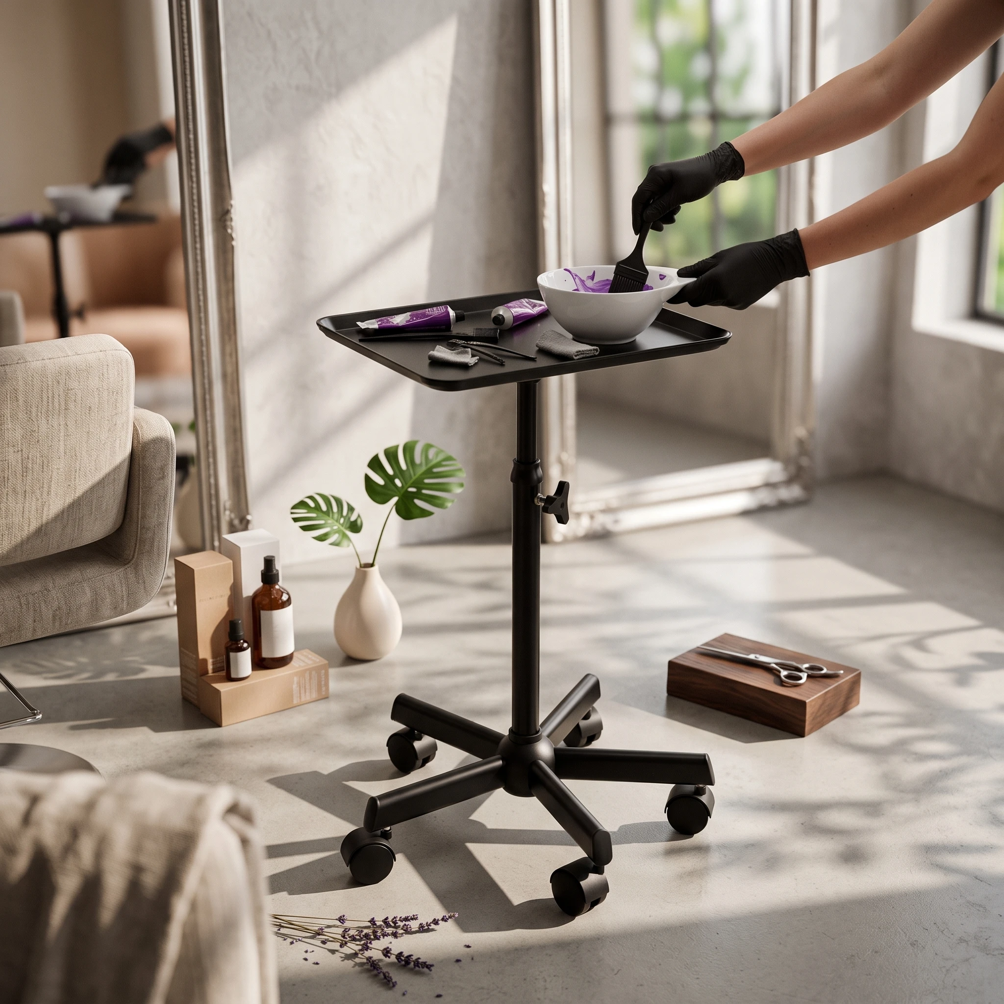 モバイル機器トレイスタンド、高さ調節可能、回転キャスター付き、スタイリスト必需品用ビューティーワークステーション