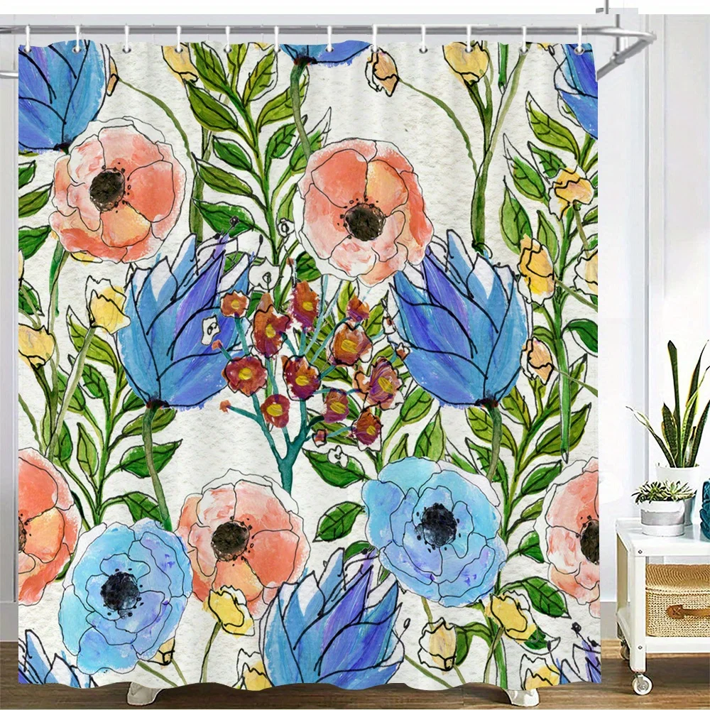 Blue & Peach Watercolor Floral Shower Curtain – Vibrant Poppies & Tulips, Botanical Garden Design, 12 Hooks, 70.87×70.87 inch