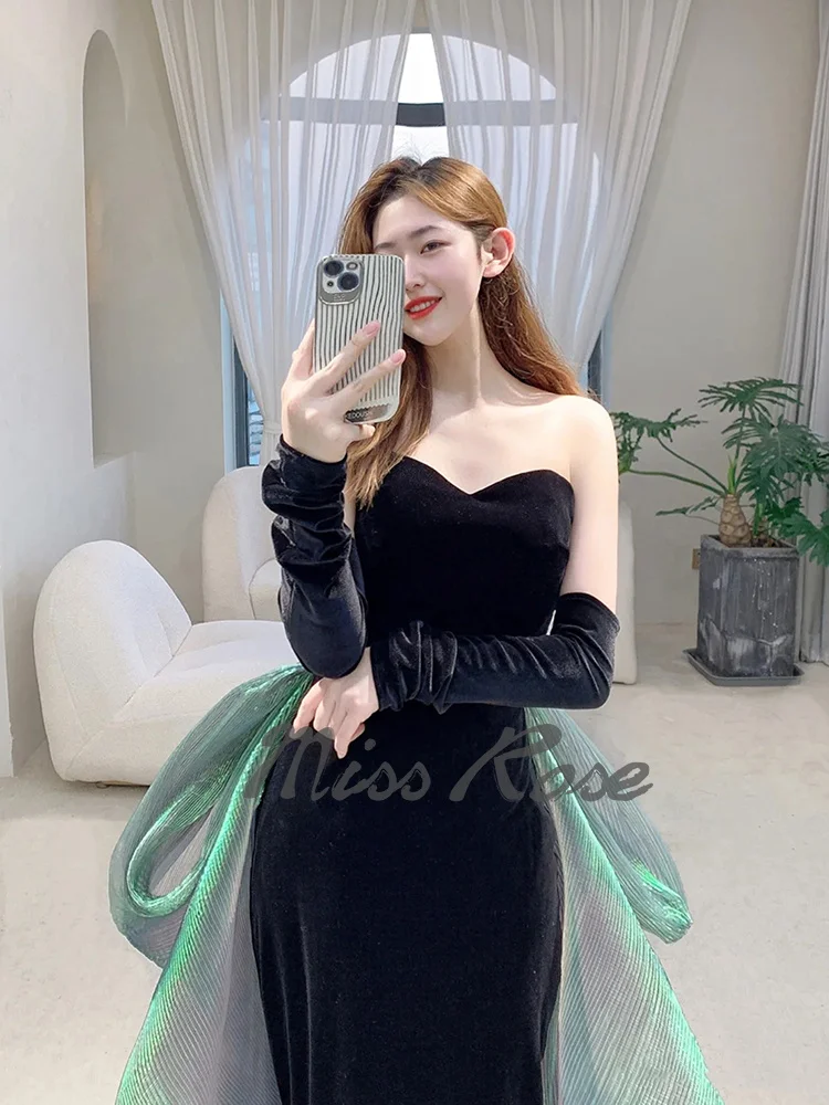 High Grade Black Evening Dress With Green Tail Velvet Celebrity Sexy Bra Fish Tail Dress Slimming Cocktail Bride Dinner Dress