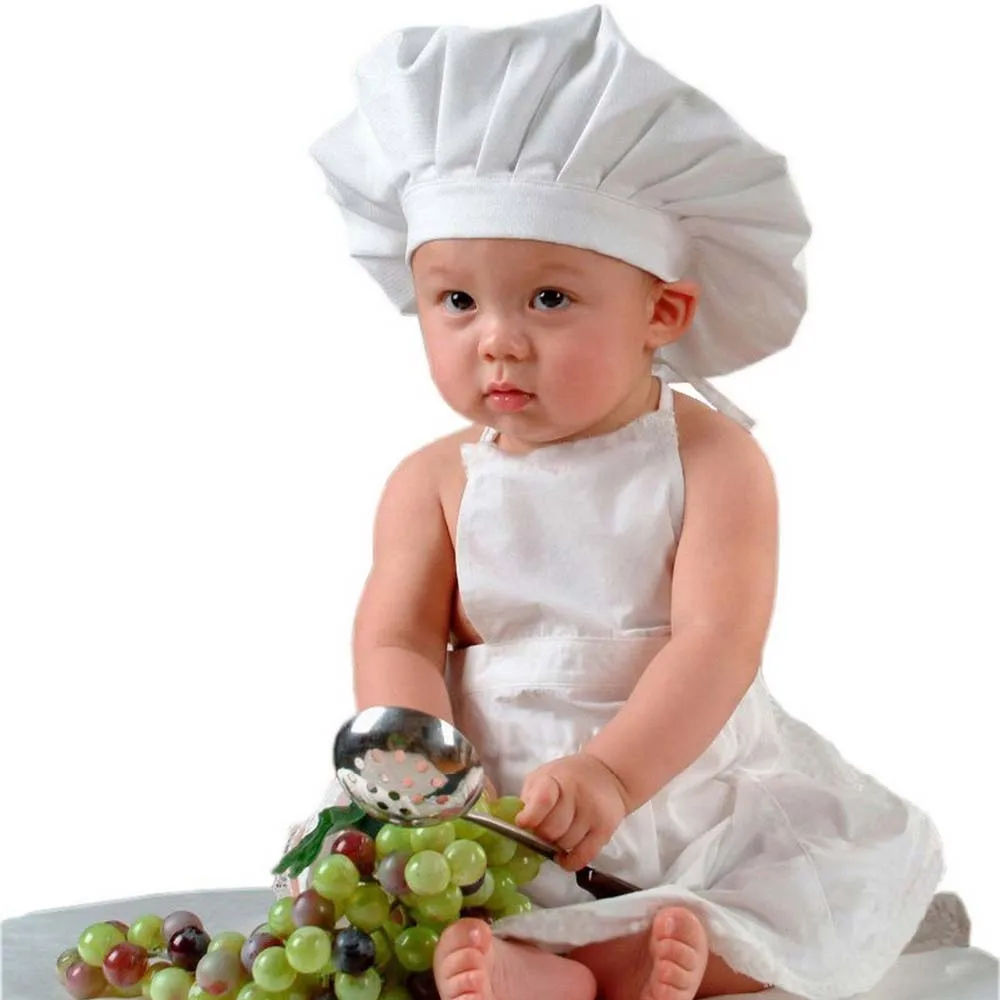 Cute Baby Chef Apron&Hat For Kids Costumes Cotton Blended Chef Baby White Cook Costume Photos Photography Prop Newborn Hat Apron