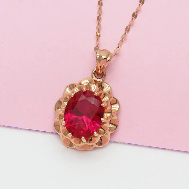 New Fashion Inlaid Ruby Flower Pendant 14K Rose Gold Plated Classic Choker Necklace Elegant Engagement Jewelry