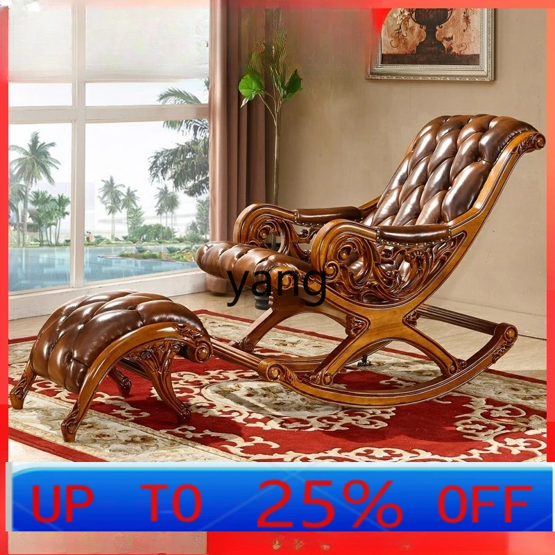 LH Bedroom Balcony Leisure Lunch Break Chair Full Solid Wood Leather First Layer Cowhide Lounge Chair