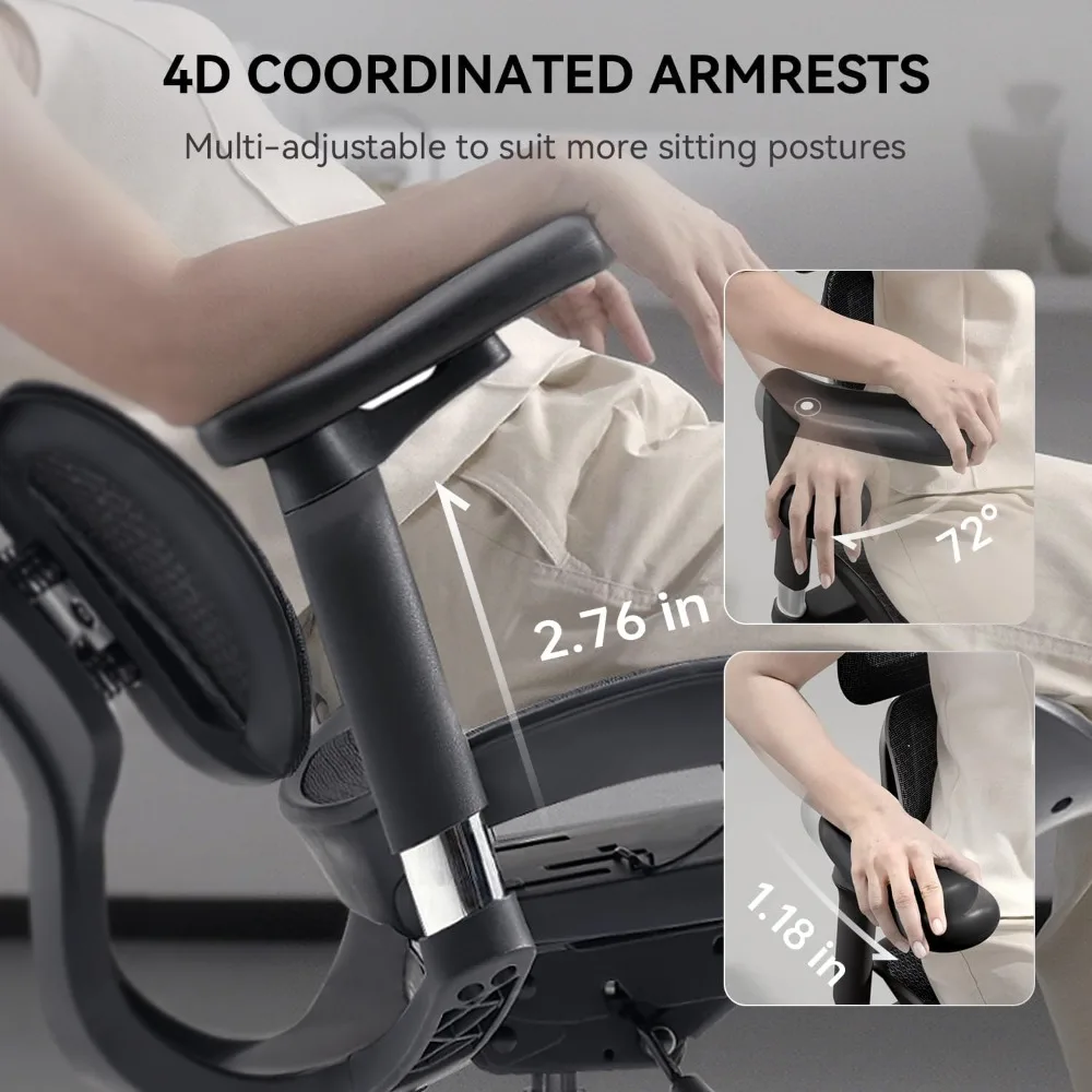 Kursi kantor ergonomis-dengan dukungan Lumbar dinamis ganda, sandaran tangan 5 tingkat dapat disesuaikan, sandaran tangan koordinat 4D, maks 135 derajat.