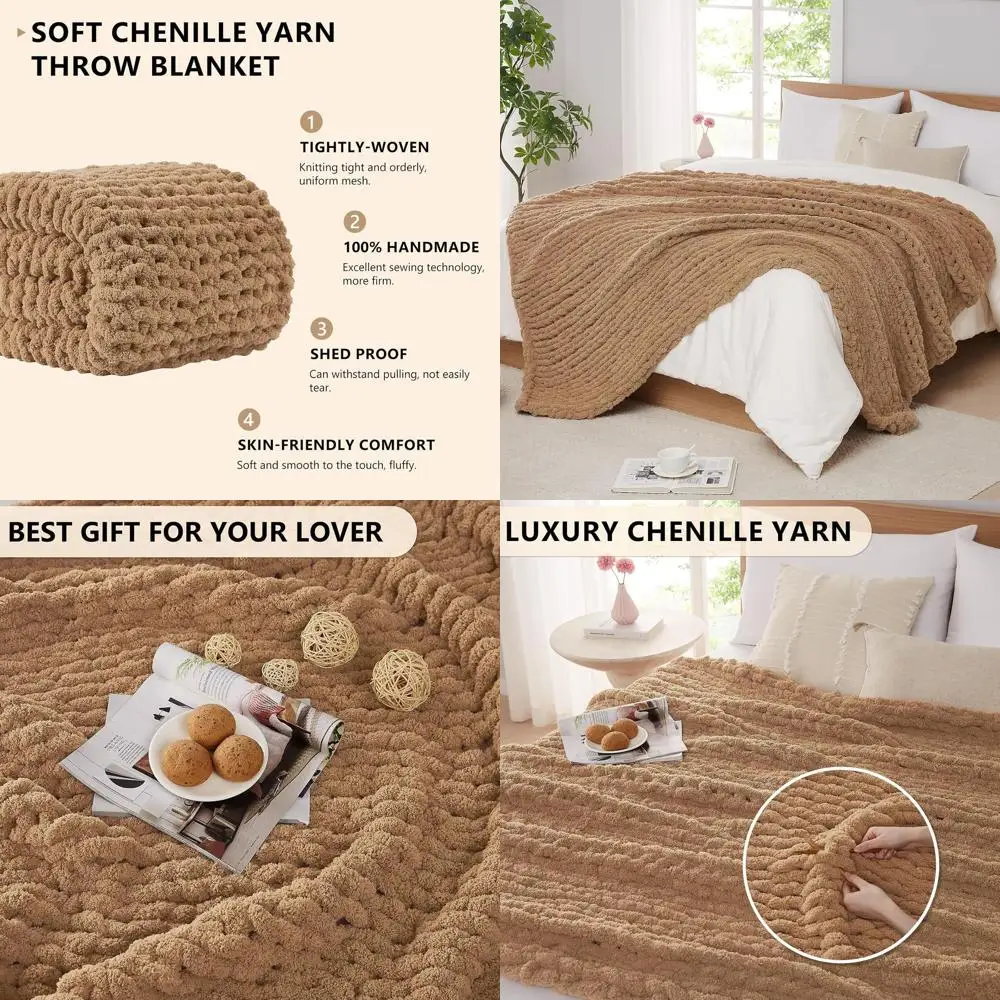 

60x80 Tan Cable Knit Throw Blanket - Large Handmade Chenille Crochet Blanket for Bed and Couch