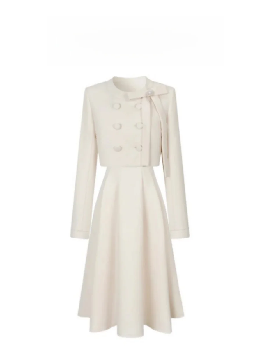 

Fashionable Pearl Knot A-Line Skirt Set Ms XIDU South Seas Rich Girl Autumn Collection Long Sleeve round Neck Button