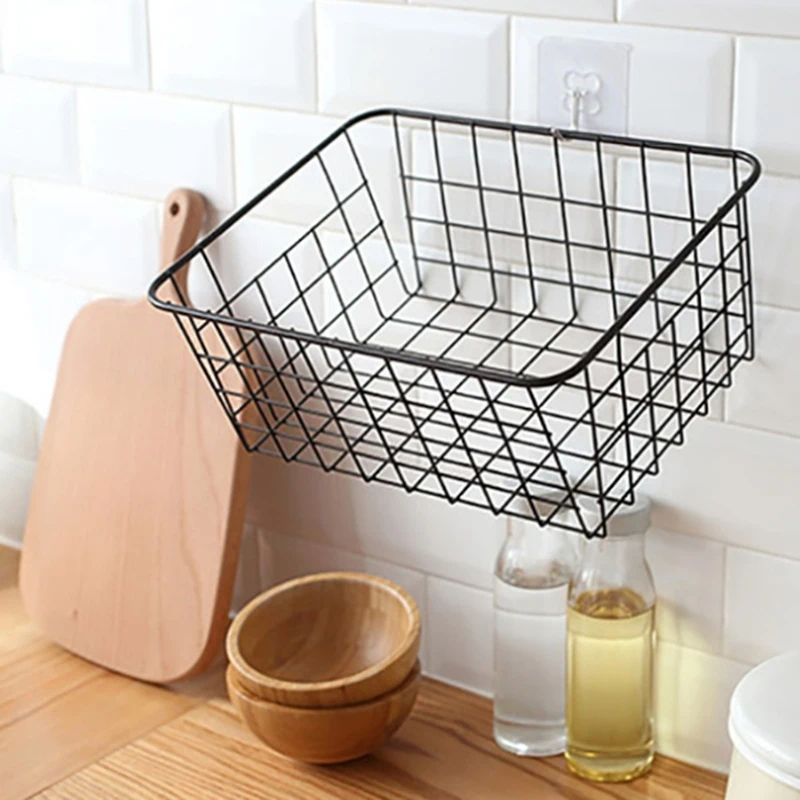 Hollow Iron Wired Basket Storage Baskets Metal Basket Without Interlining Bathroom Kitchen Organizer Black