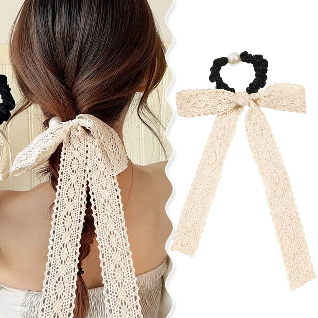 

Elegant Lolita Women Long Lace Ribbons Hair Scrunchies Bowknot Streamers Hair Rope Rubber Band Ponytail Holder Female Headdress