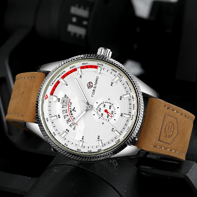 FORSINING Herren-Sportuhr, automatische Selbstaufzugsfunktion, mechanisch, automatisches Datum, Lederarmband, Business-Armbanduhr für Herren, wasserabweisend