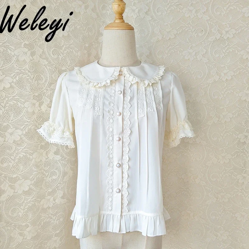 Original Lolita Woman Clothing Jirai Kei Short Sleeve Pleated Shirt Princess Loose Doll Collar Chiffon Versatile Shirts Femmes