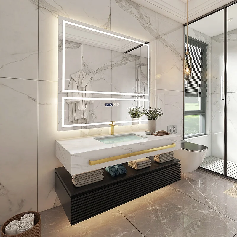 European Style Hot Sale Rustic Oak Wood Sintered Stone Top Small Bathroom Vanities With Sink 24 Inch and 48 Inchpromote sales