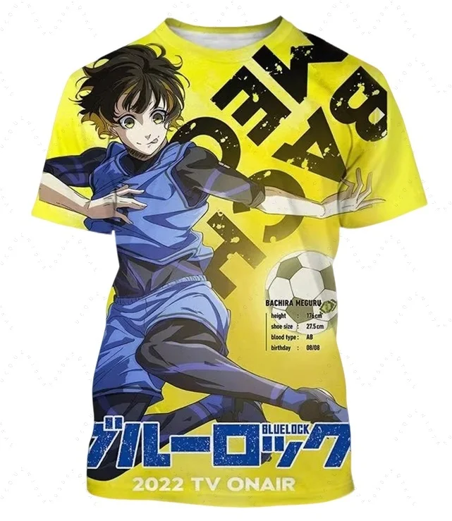 أنيمي الأزرق قفل ثلاثية الأبعاد مطبوعة الرجال النساء الأطفال تي شيرت موضة Harajuku نمط Y2k كرة القدم تي شيرت المتضخم قصيرة الأكمام بلايز