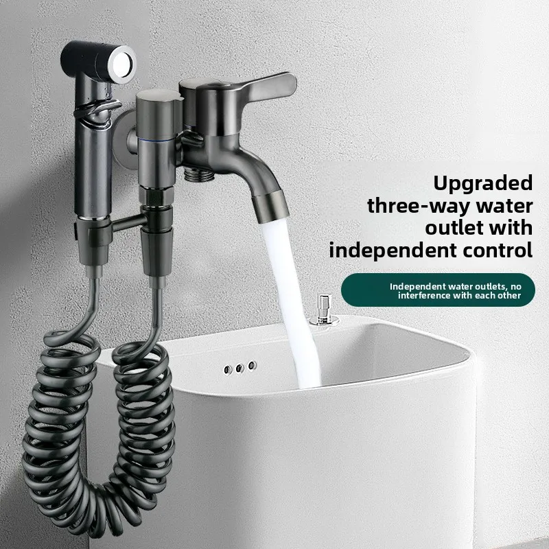 

Multifunction Three Tap Faucet Dual Control Double Outlet Angle Valve Flushing Spray Easy To Install Three Way Water Tap Kitchen