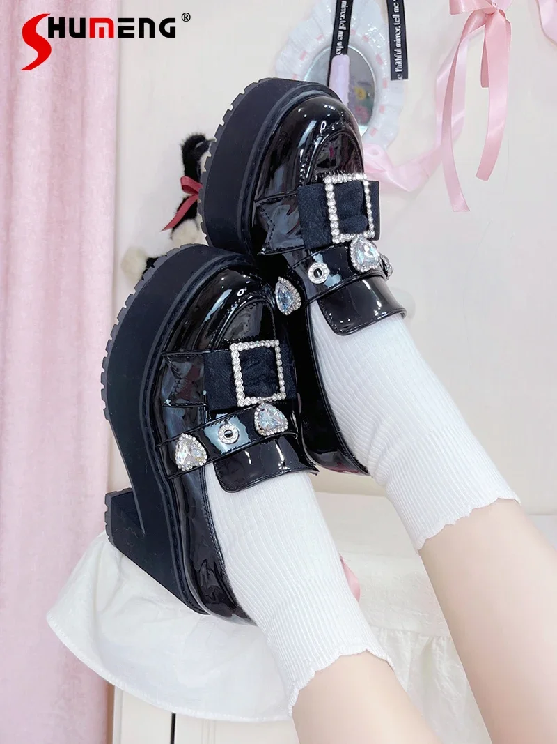 

Japanese Mine Subculture Sweet Lolita Pumps Loafers Round Head Square Heel Diamond Buckle Platform High Heel Leather Shoes Women