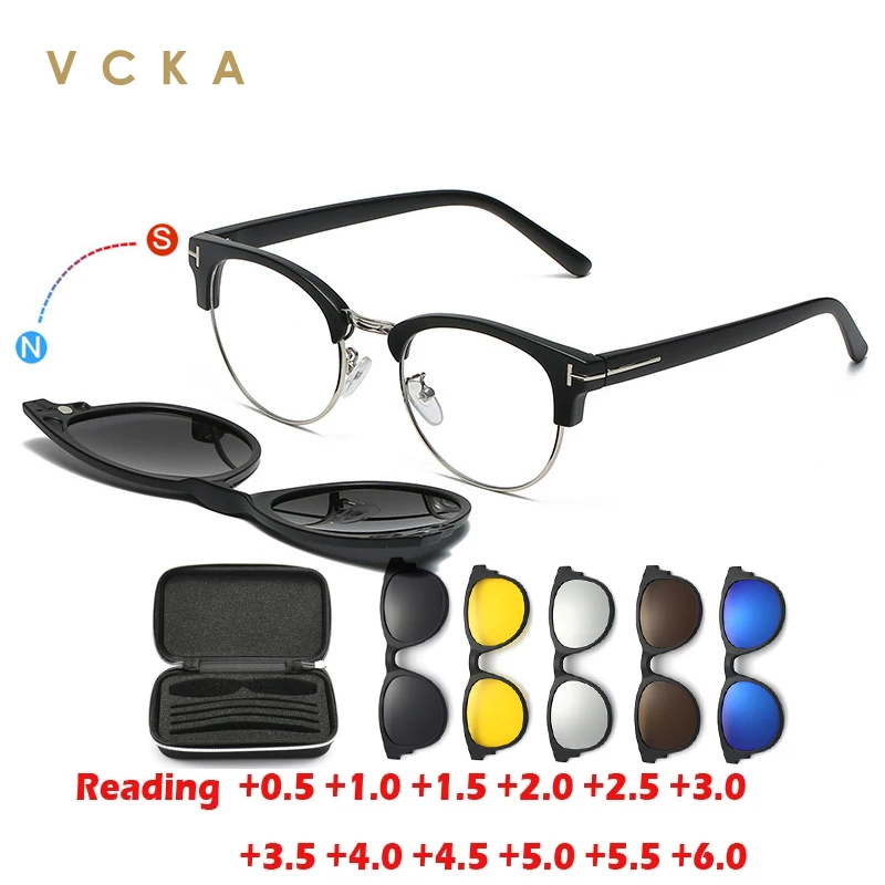 VCKA 6 in1 Men Round Polarized ReadingSunglasses Magnet Clip TR90 Frames Custom Prescription Hyperopia Women Glasses +0.5 TO+6.0