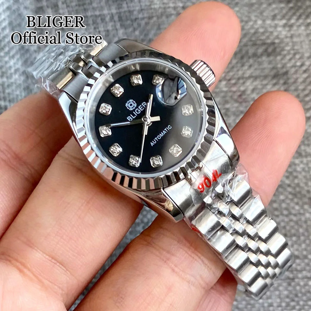 BLIGER 26mm  NH05A Automatic Ladies Watch Sapphire Glass Silver Gold Fluted Bezel Black Dial Diamond Index Steel Bracelet