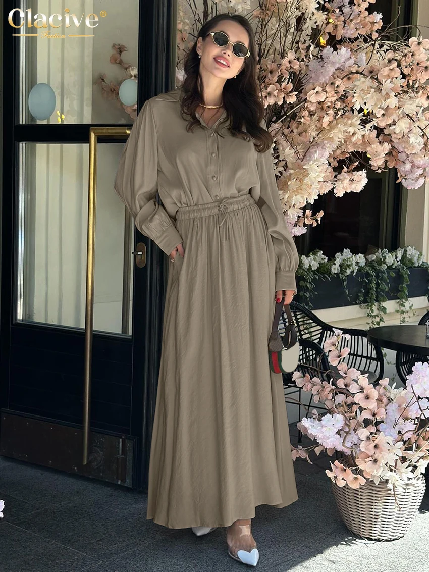 Clacive Fashion Loose White Skirt Set 2 Piece Woman 2025 Elegant Long Sleeve Shirt With High Waist Long Skirt Set Streetwear