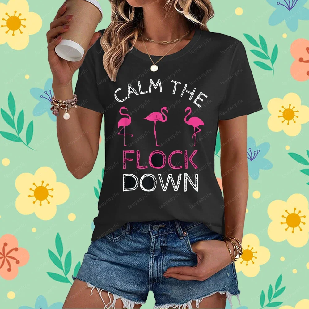 Calm The Flock Down Pink Flamingo Summer Gift T-Shirt Casual Fashion Loose Harajuku Streetwear Summer Short Sleeve Man Tshirt