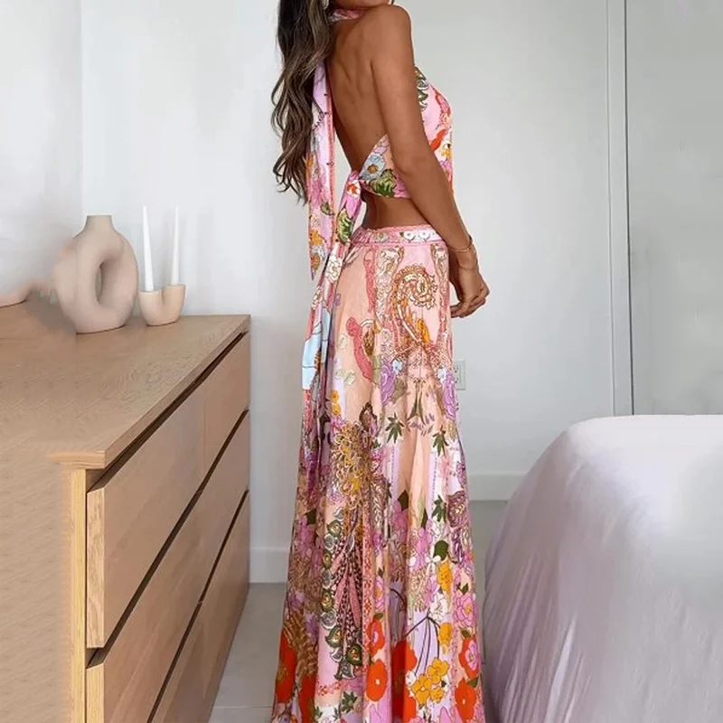 Wefads Two Piece Set Women Summer Elegant Casual Printed Sleeveless Halter Neck Backless Lace Up Top Loose Long Skirt Sets