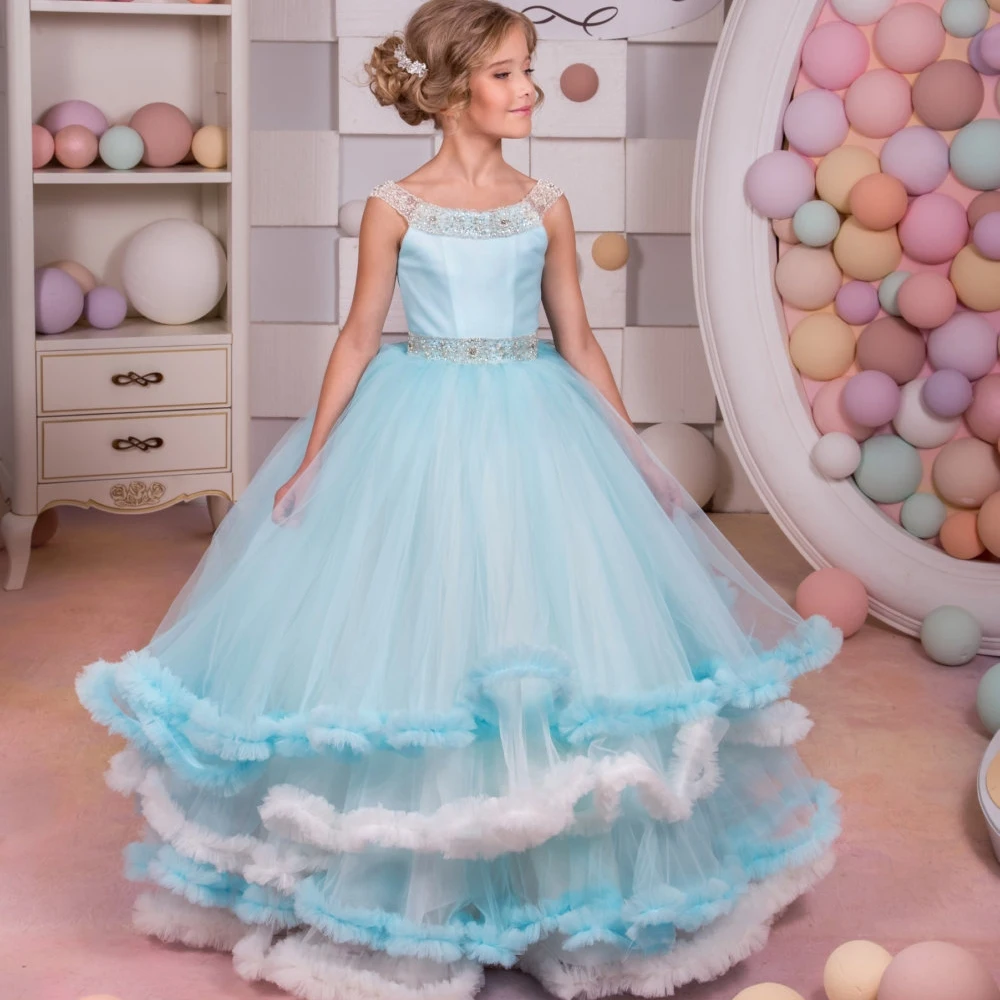 

EVLAS 2023 Blue Tulle Puffy Flower Girl Dress For Wedding Princess Ruffles Kids Pageant Party Gown First Communion Dress TFD108