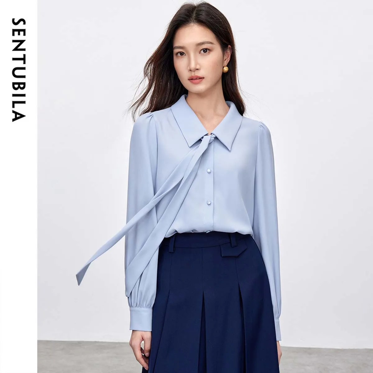 

SENTUBILA синие рубашки с бантом, женские весенне-осенние модные удобные топы с длинными рукавами, шифоновые рубашки и блузки 151C58208