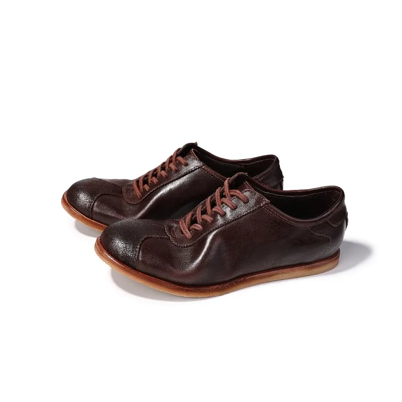 Handmade Retro Stitched Leather Sneakers Soft Horsehide Upper Low‑Top Lace‑Up Comfort Walking Men Casual Shoes