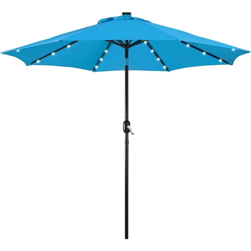 9FT Patio Umbrella with Solar Lights - UV Protection Market Table Umbrella w/ 32 LED Lights & Push Button Tilt