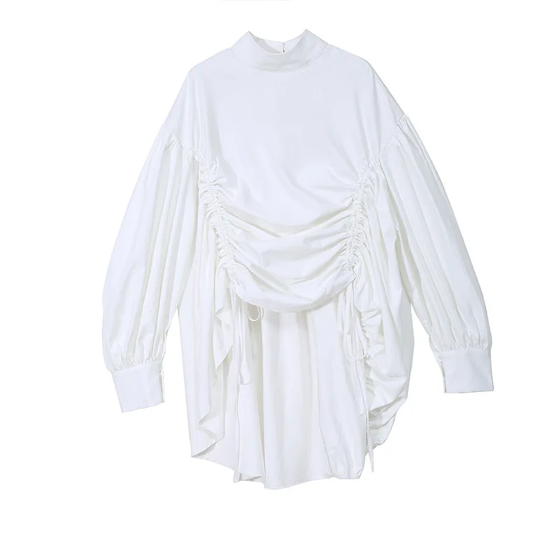 SuperAen 2022 Spring Summer New Korean Solid Drawstring Irregular Design O Neck Puff Sleeve Shirts Women