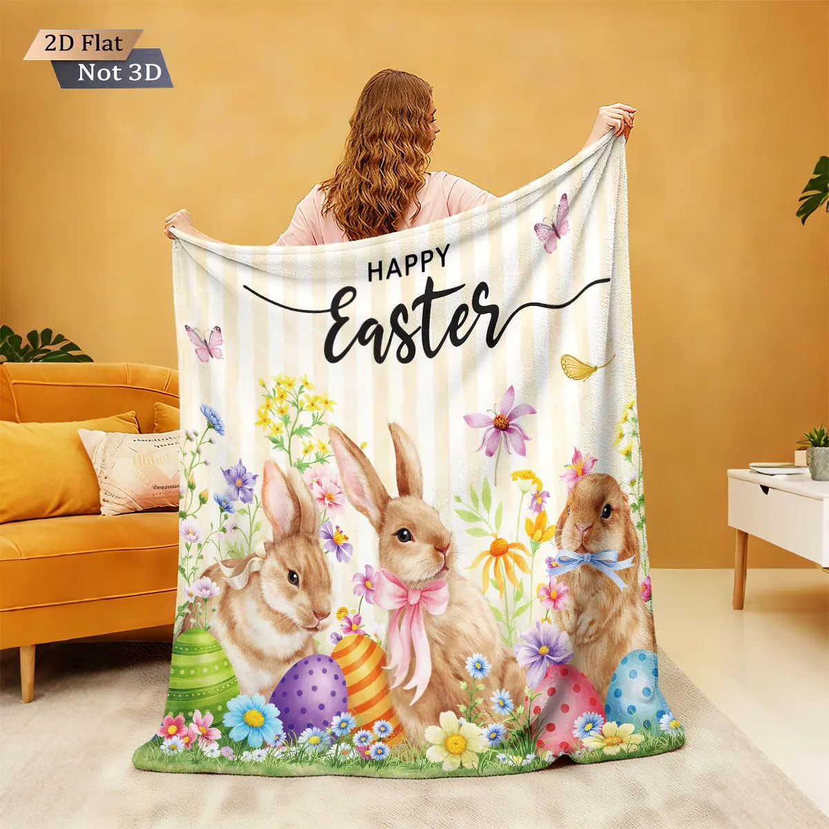 1 Stück Oster-Flanelldecke mit Cartoon-Hasen- und Osterei-Print in verschiedenen Größen, bequeme, weiche, lässige Nickerchendecke, maschinenwaschbar