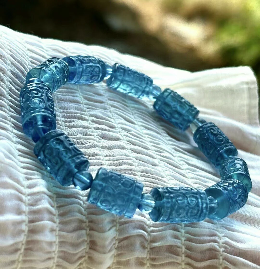 Natural Blue Aquamarine Clear Barrel Beads Carved Bracelet Women Men Brazil 9mm Stretch Blue Aquamarine Jewelry AAAAA