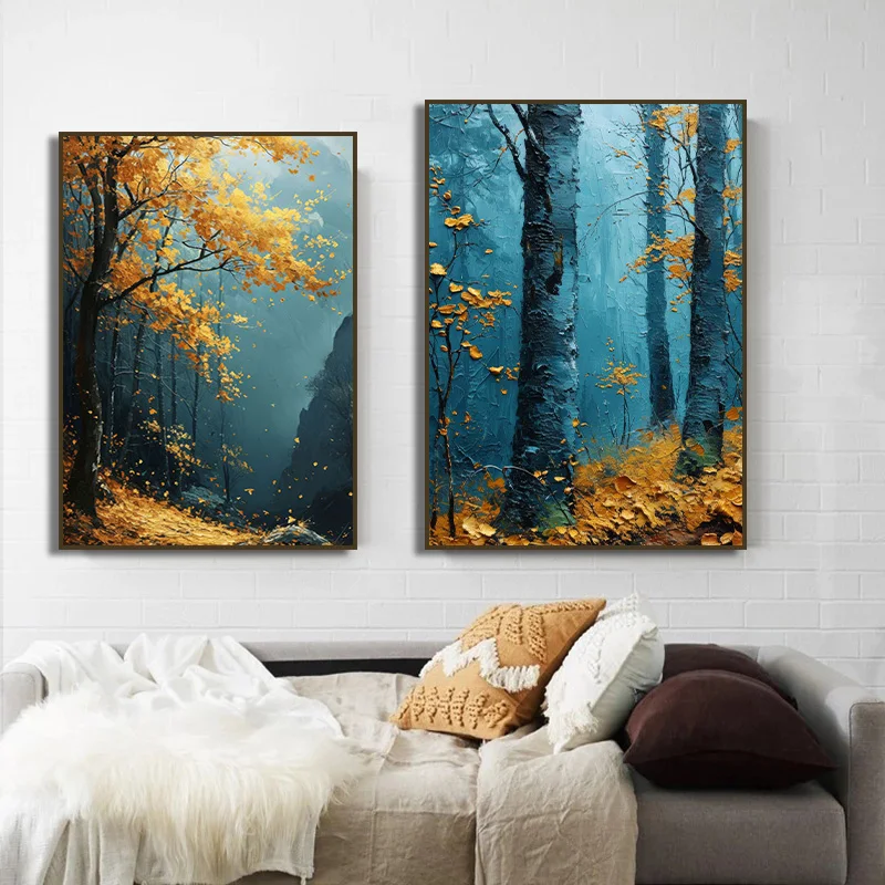 ملصق رسم على قماش القارب الأزرق مطبوع ، شجرة الخريف ، الطيور الطائرة ، الحوت ، الجبل ، الثعلب ، الطبيعة ، فن الجدار ، الصورة ، ديكور المنزل #3