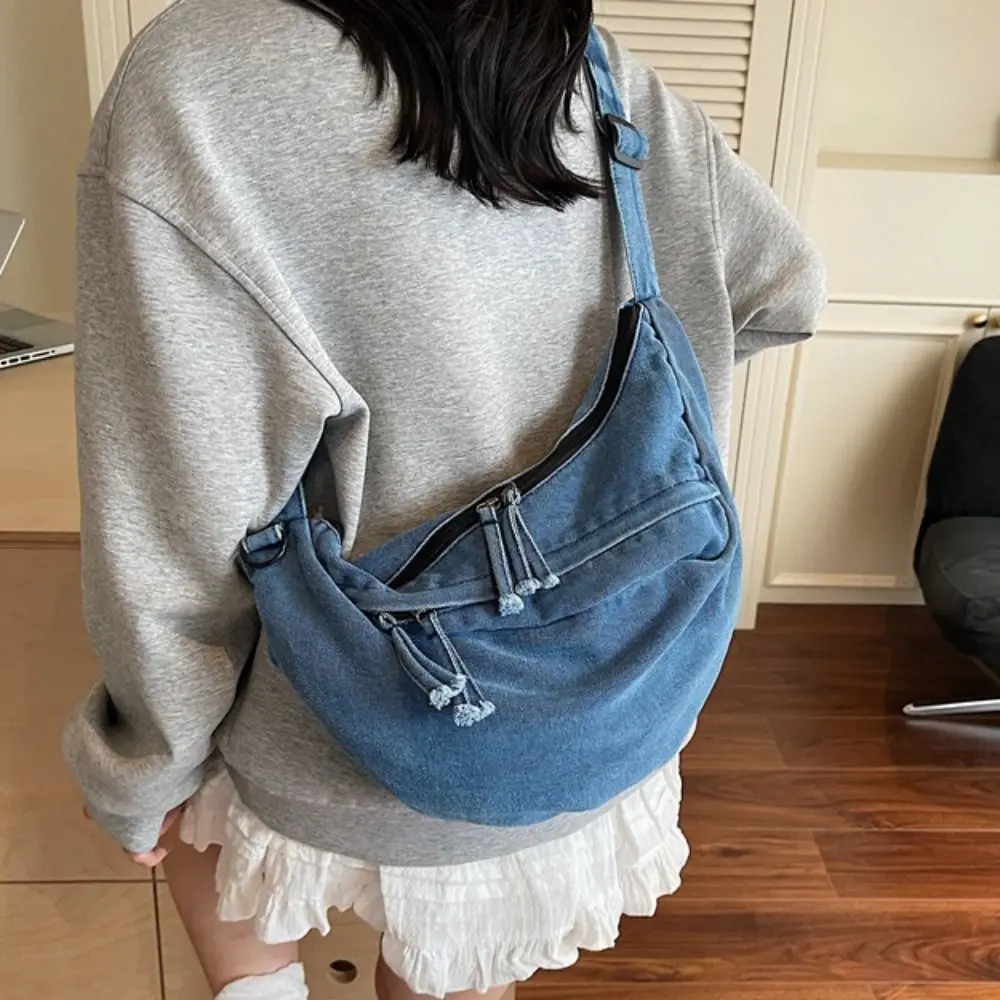 

American Style Canvas Dumpling Bag Retro Adjustable Strap Denim Crossbody Bag Harajuku Zipper Casual Tote Bag Commuting