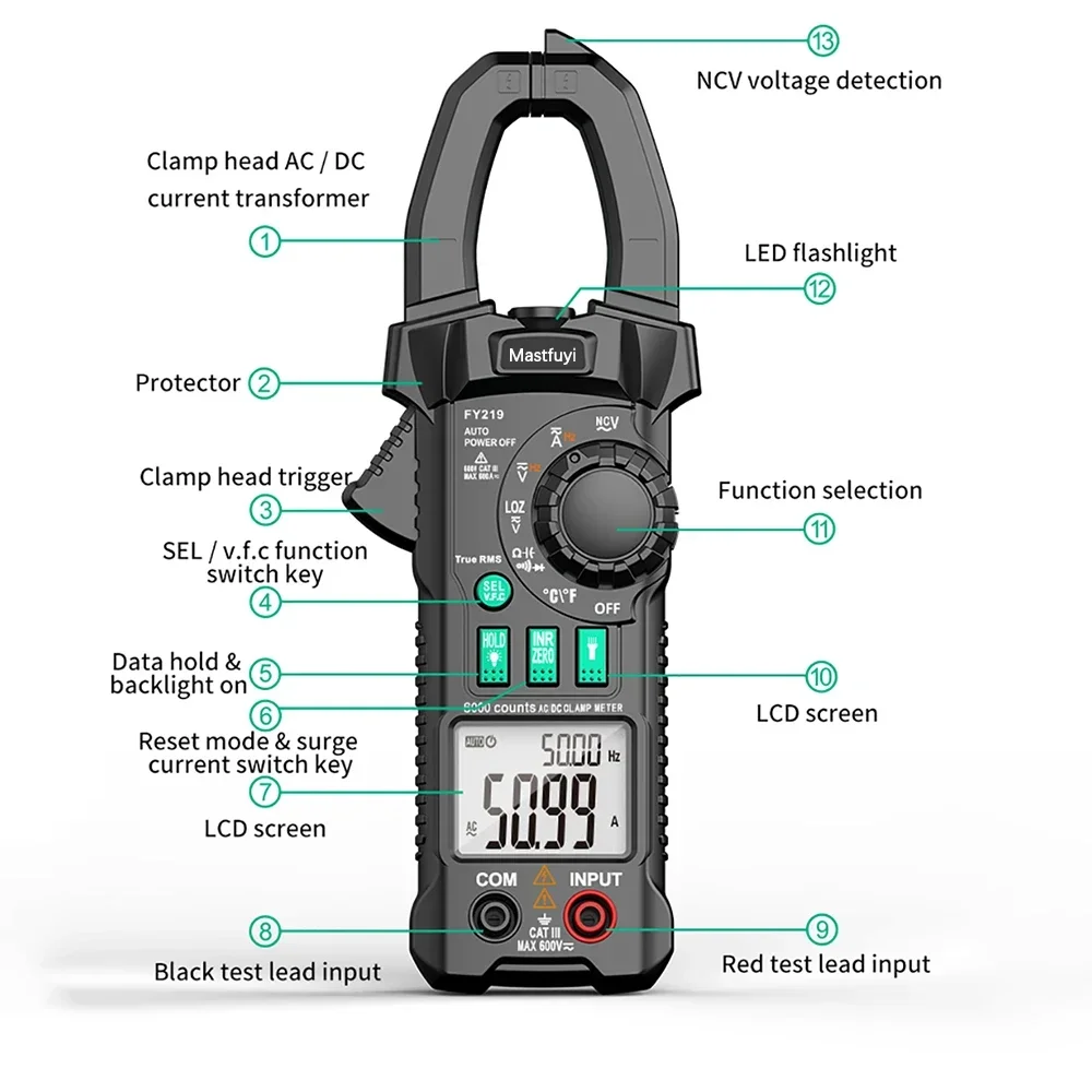 MASTFUYI Digital Clamp Meter DC/AC Current 6000 Counts Multimeter Ammeter Voltage Tester Car Ampere Hz Capacitance NCV Ohm Test