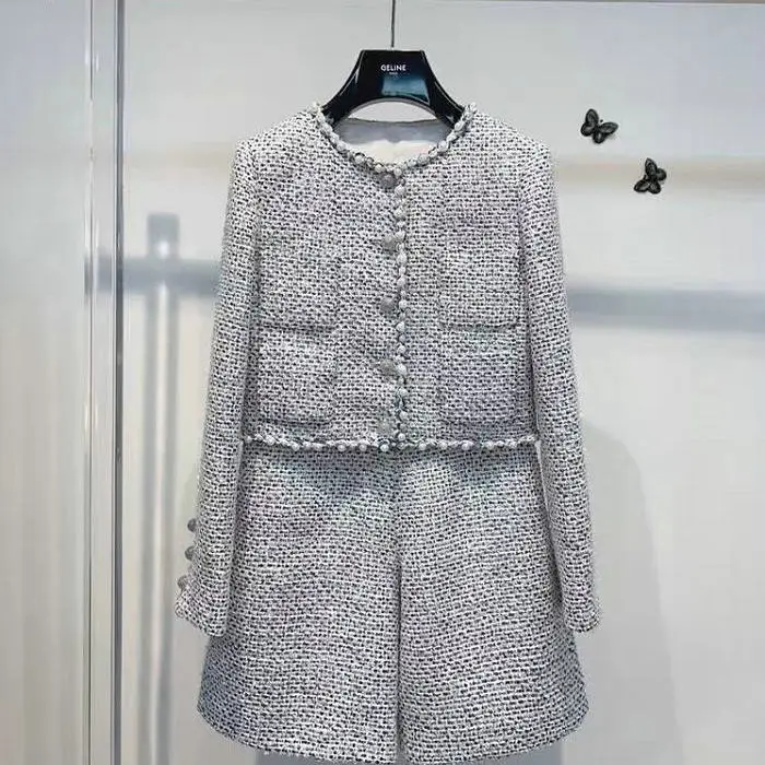 

High-End Pearl Tweed ort Coat And Five-Quarter Pants Set for Women Ele Hong Kong Sle Faion Two-Piece Autumn Suit