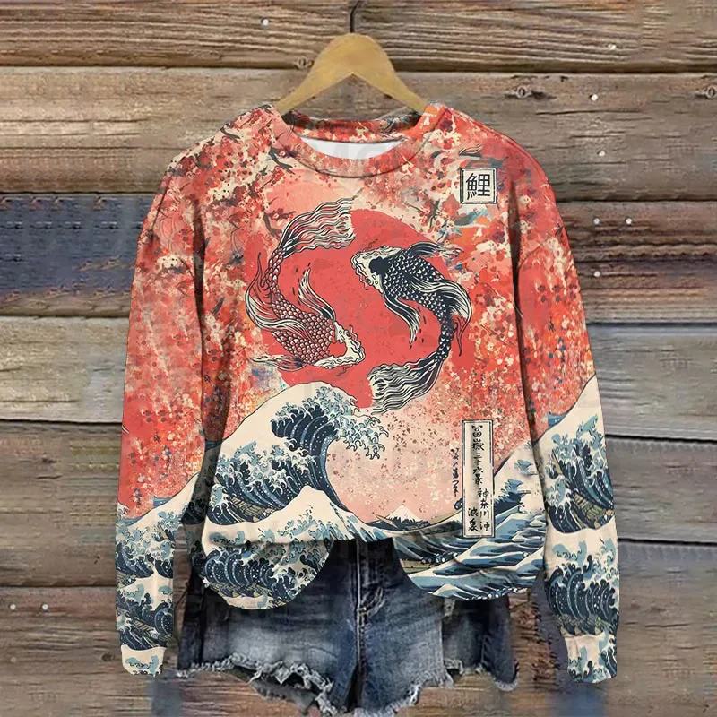 

Japanese Koi Wave Print Crew Neck Sweatshirt 3D Printed Women Casual Pullover