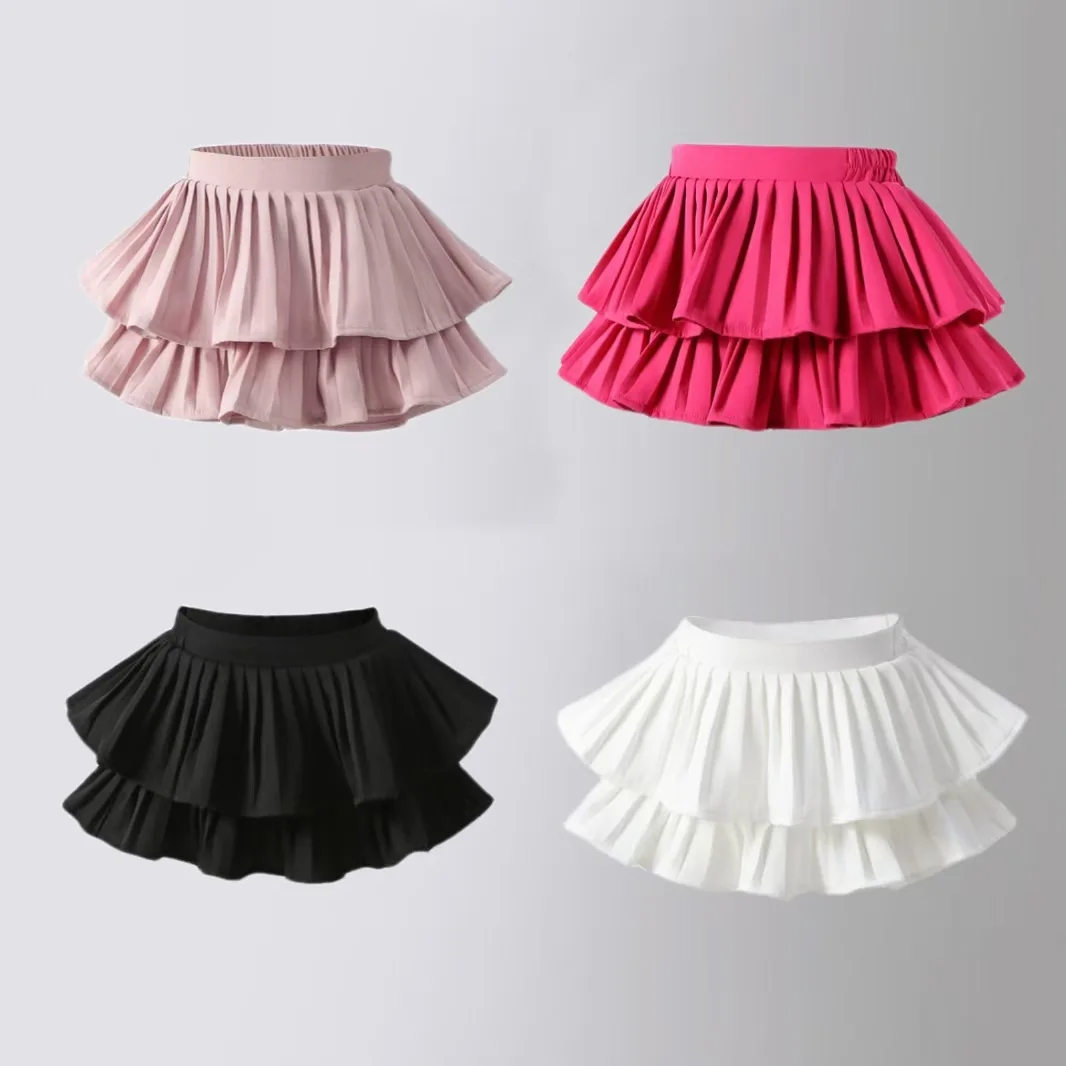 Teen Girls Vintage Ruffle Mini Skirt Wine Red Double Tiered Pleated Skirt with High Waist Kids Christmas Party Elegant Outfit