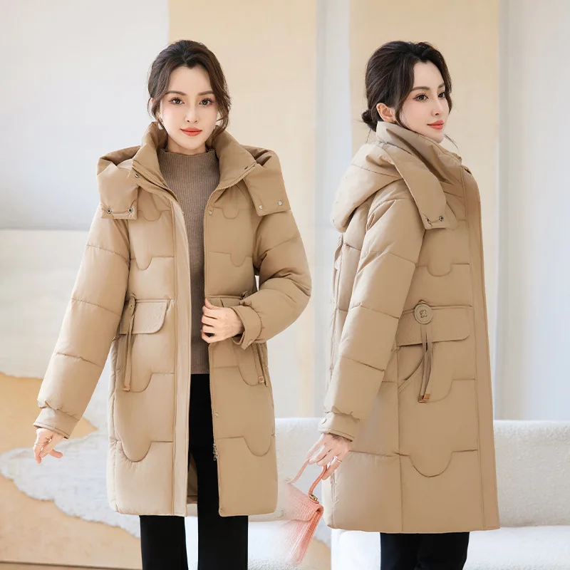 

Women Parkas Mid Length Coats Hooded Jackets Full Sleeve Thick Warm Y2k Streetwear Elegant Casual Loose Work Coat Autumn Winter
