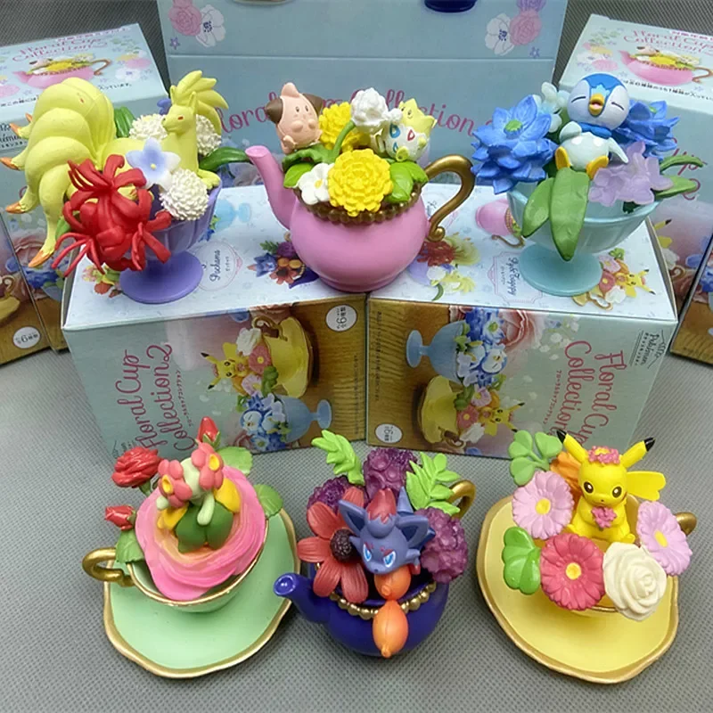 Pokemon Miniature ดอกไม้ถ้วยฉากกล่องตาบอดของเล่น Pikachu Bellossom Ninetales Piplup Togepi Zoroark รูปโต๊ะตกแต่งสะสม