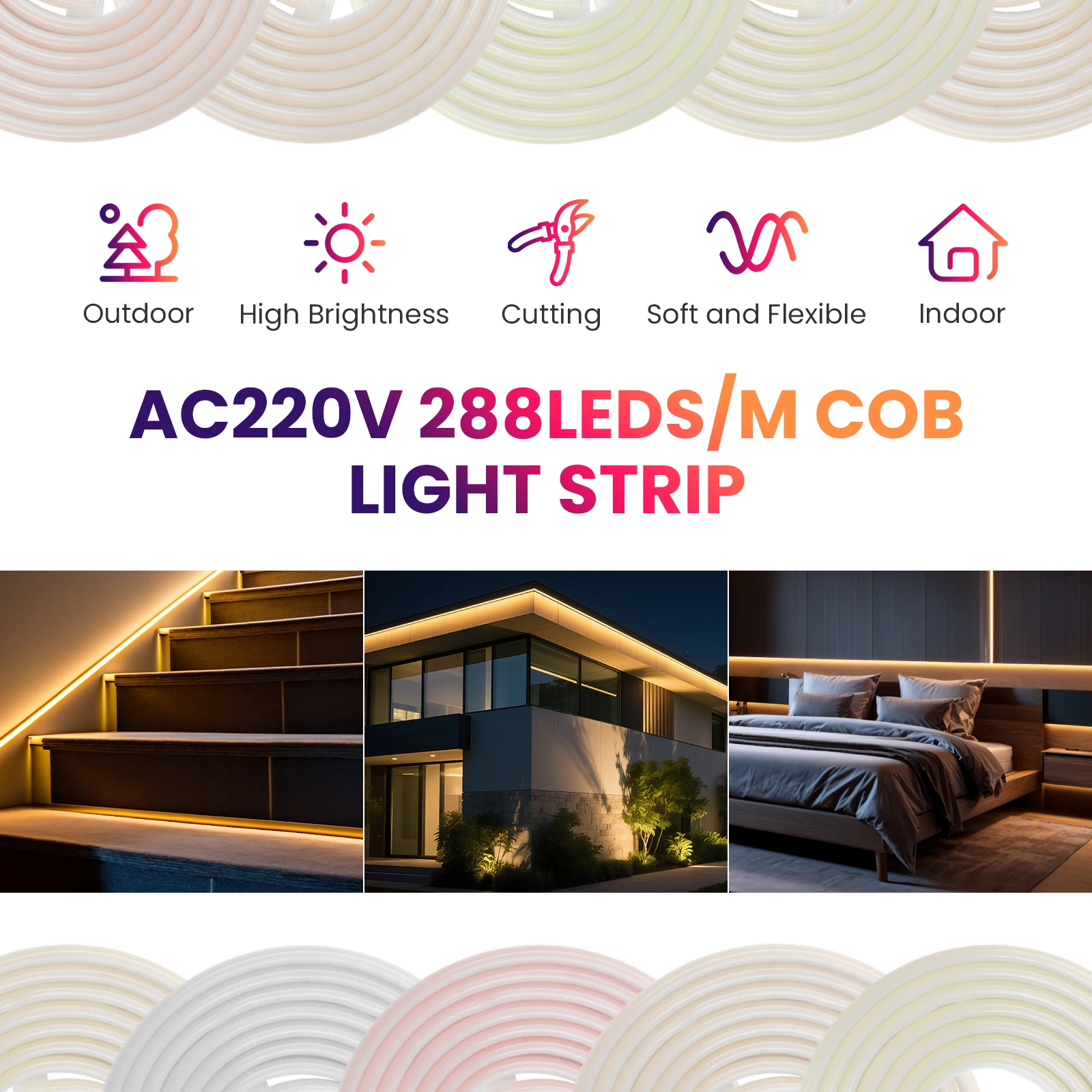AC 220V 230V COB 네온 스트립 LED 조명 조광기 포함 EU/UK 플러그 방수 288LED/M 유연한 LED 스트립 조명 다색 1M-25M